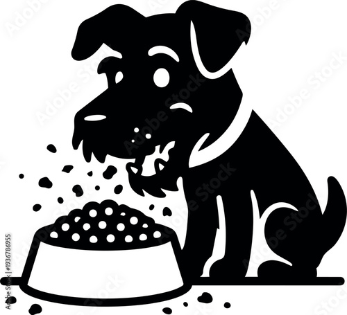 Flat design close up happy dog eating kibble from bowl sitting on floor view with scattered food and playful mood