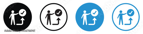 Vector icons of a person pointing to a checkmark and upward arrow. Represents task completion, success, personal growth, and achieving business milestones in a clean, modern style.