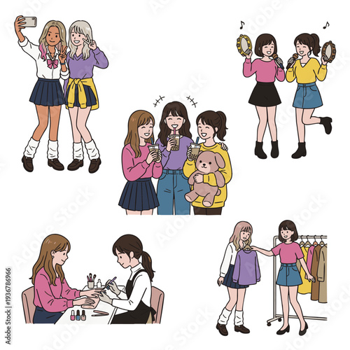 自撮りやカラオケを楽しむ日本の女子高生と若い女性のライフスタイル