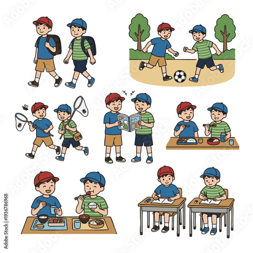 小学生の男の子二人が学校や外遊びで友情を育むシーンのイラストセット