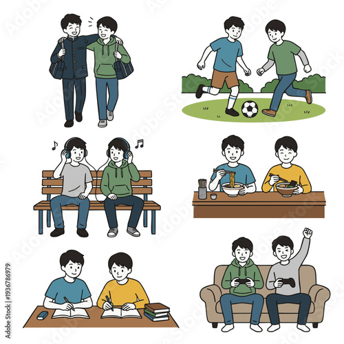 男子学生二人が勉強やスポーツ、音楽を楽しんでいる青春のシーンセット