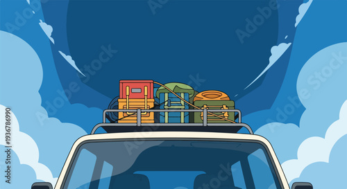 Adventure awaits! A car loaded with luggage on a roof rack ready for a thrilling road trip adventure, surrounded by clouds and mountains.