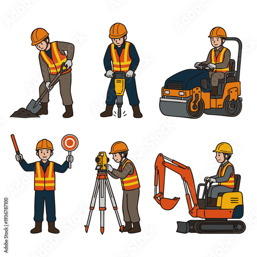 測量や交通誘導などインフラ整備を行う建設現場の仕事シーンセット