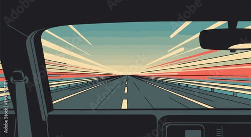 Fast-paced journey on an open highway from the driver's perspective, illustrating speed, travel, and the thrill of the open road with dynamic motion blur.