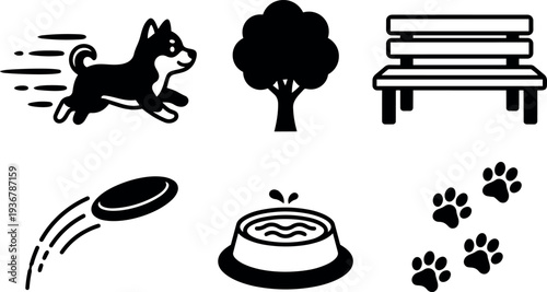 Flat design running dog jumping left with frisbee and water bowl by park bench under tree with paw prints icon