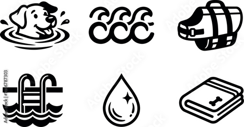 Flat icon set of dog swimming waves life vest pool ladder water drop and towel for pet swimming safety illustration