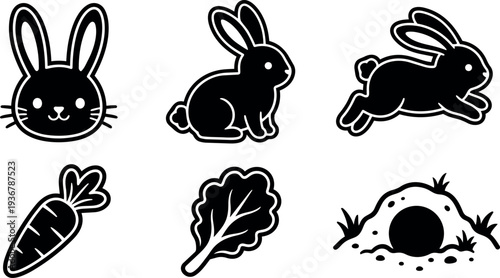 Minimalist line art rabbit sticker set showing head sitting and running bunnies with carrot lettuce and burrow in black white