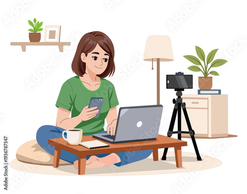 Female content creator working from home with laptop and smartphone, social media blogging vector illustration. Woman vlogger recording video with smartphone and tripod at home office.