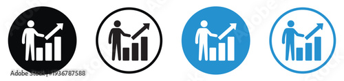 Minimalist vector icons of a person presenting a rising bar chart with an upward arrow. Symbolizes financial growth, data analysis, career advancement, and positive business trends.