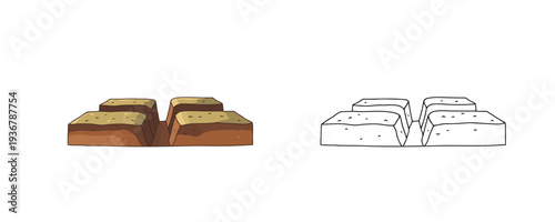 Military dugout trench and its line art version in cartoon style with brown soil and earth layers for army defense or combat protection isolated on a white background