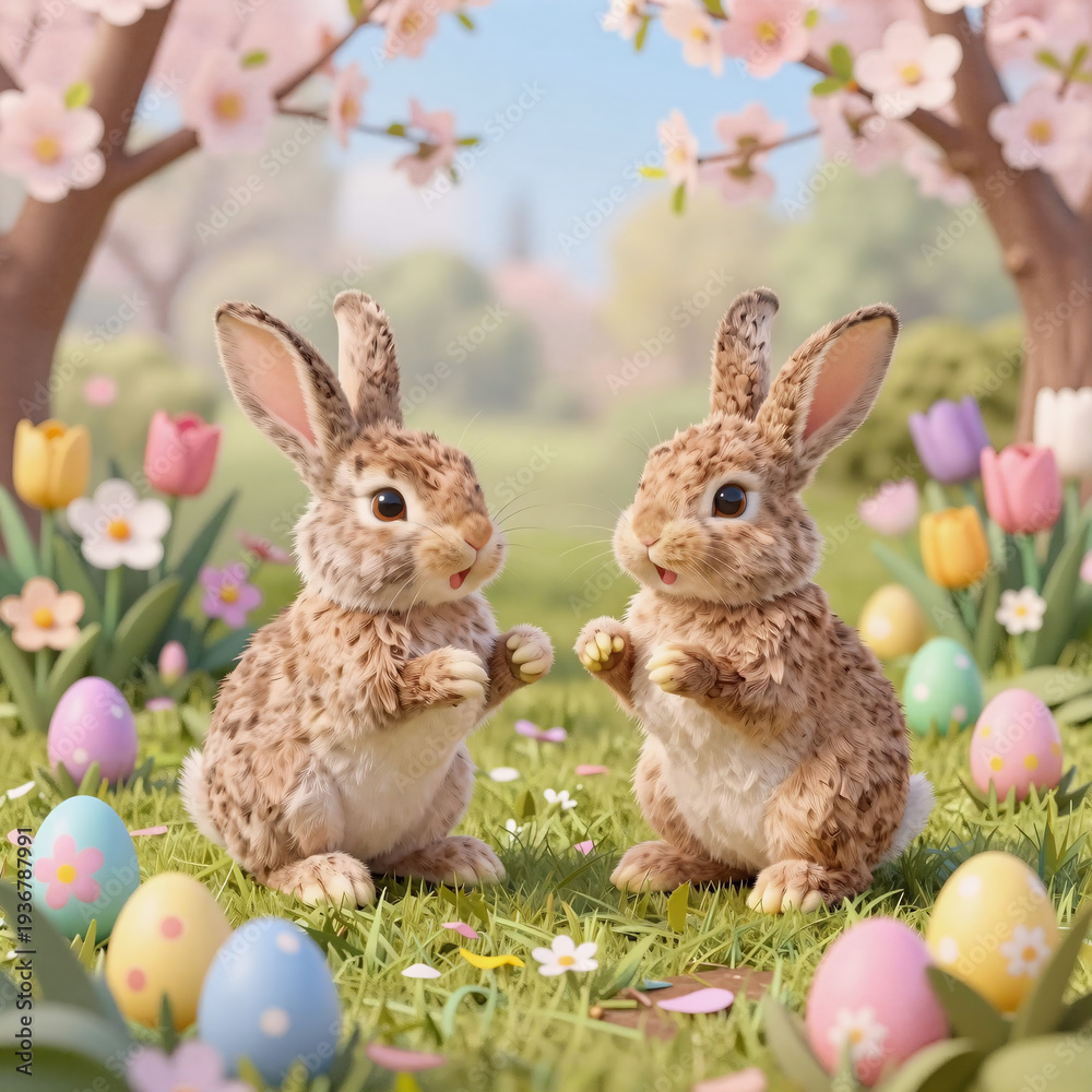 Obraz premium woodcut, colorful spring garden filled with easter bunny friends and decorated eggs