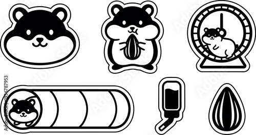 Sticker style kawaii hamster icon set close up wheel tunnel nibbling sunflower seed water bottle simple black line art cheeks
