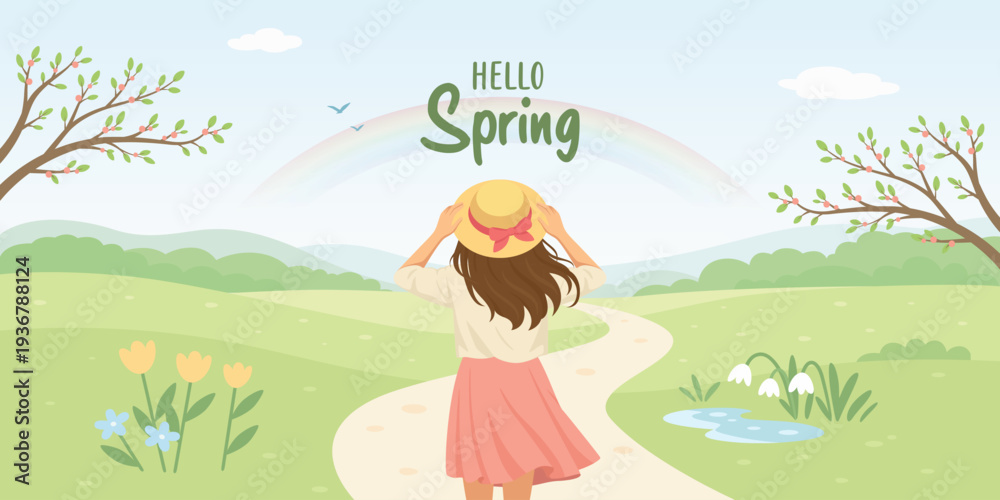 Fototapeta premium Hello Spring Landscape Illustration with Girl in Hat, Green Meadow and Blossoming Trees. Seasonal Nature Horizontal Background for Greeting Card, Poster, Banner. Springtime Scene with Woman in a Hat