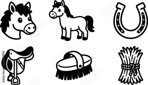 Flat vector icon set of cute horse head full body horseshoe saddle brush and hay bundle smiling looking left outline