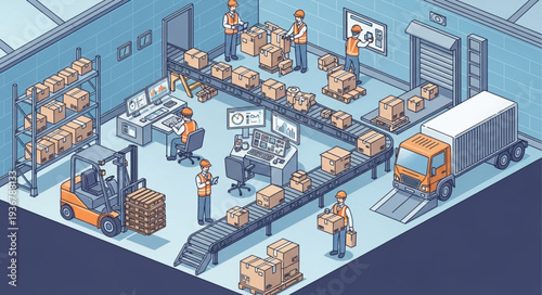 Modern Warehouse Interior with Storage Shelves and Workers.