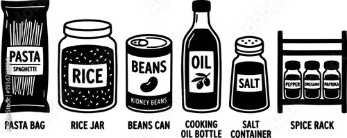 Flat line art pantry set with pasta bag rice jar beans can oil bottle salt shaker and spice rack icons