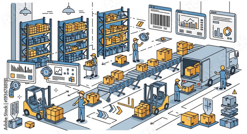 Warehouse Storage and Logistics Operation with Shelves and Boxes.