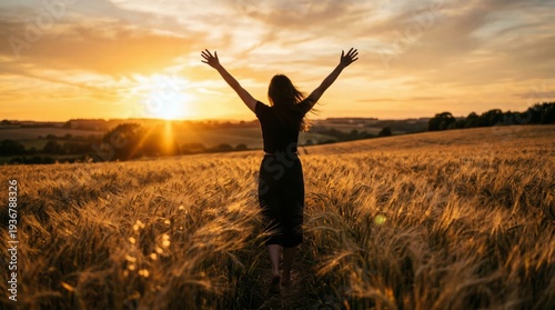 Silhouette of a person with arms raised in a golden wheat field at sunset.
