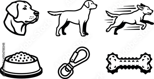 Minimalist line art dog icon set showing head standing running bowl leash bone close up side view profile motion silhouette