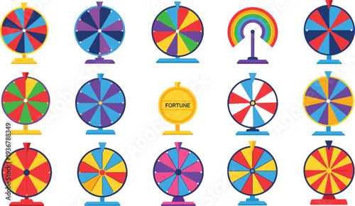 Colorful Fortune Prize Wheel Spinner Icon Set for Game Show Carnival Lucky Draw Contest Gambling Promotion and Entertainment Vector Collection.