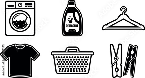 Flat design white laundry icons set close up washing machine detergent bottle hanger t shirt basket clothespin simple line art