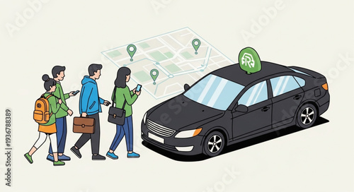 Group of People Walking Towards a Taxi Car.