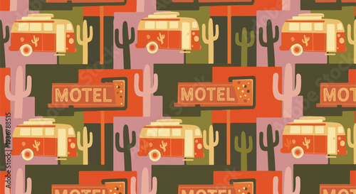 Seamless retro desert road trip pattern with vintage camper vans, cacti, and motel signs in a flat, earthy design, perfect for travel backgrounds.