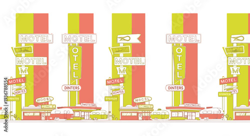 Seamless pattern of retro roadside motels and vintage signs in a vibrant flat illustration style, evoking classic American road trips and nostalgic travel.