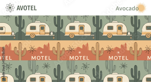Vintage desert travel pattern with retro caravans, motel signs, and saguaro cacti, a seamless design evoking classic American road trips and adventures.
