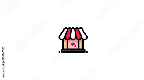 Cute cartoon shop icon with red striped awning and heart decoration, perfect for e-commerce, retail, or gift store concepts