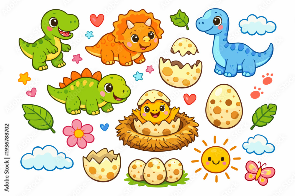 Naklejka premium Cute cartoon dinosaurs and baby chick hatching from egg, perfect for kids