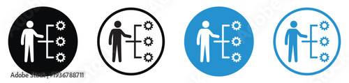 Creative icons showing a person managing a hierarchy of gears. Perfect for representing workflow optimization, technical management, systems thinking, and operational efficiency.