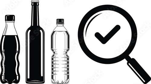 Quality control and product inspection of glass and plastic bottles with magnifying glass, industrial testing, cad drawing flat vector illustration
