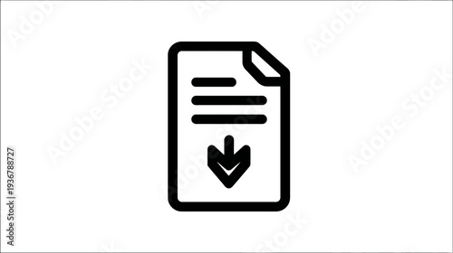 Download document icon with arrow, illustrating file transfer, data acquisition, and digital information storage. Vector graphic element.
