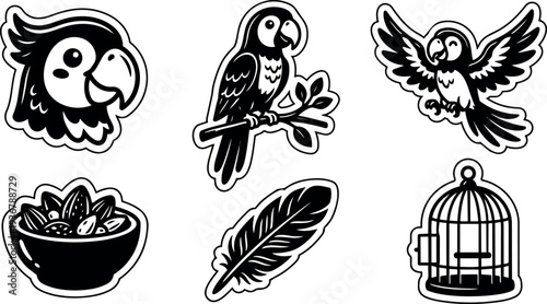 Flat design black and white parrot sticker sheet close up head perched flying feather bowl and cage vector art outline
