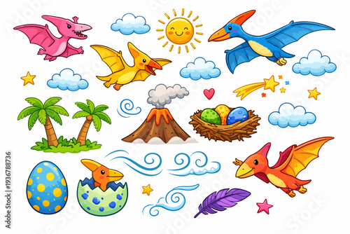 Cute cartoon dinosaurs and prehistoric elements in a vibrant, playful illustration