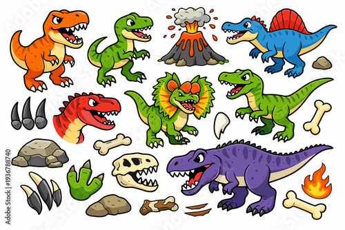 Collection of cute cartoon dinosaurs and prehistoric elements for children's designs