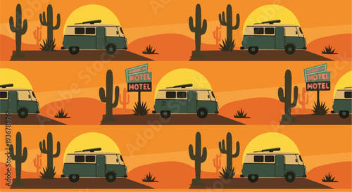 Seamless pattern of a classic camper van driving through a warm desert landscape with saguaro cacti and a vintage motel sign, perfect for travel backgrounds.