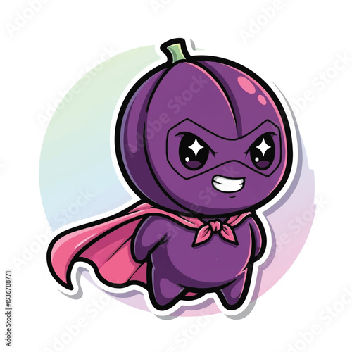 A cartoon purple eggplant superhero character wearing a pink cape, standing in front of a pastel-colored circle background. Perfect for stickers, children's books, and gaming illustrations.