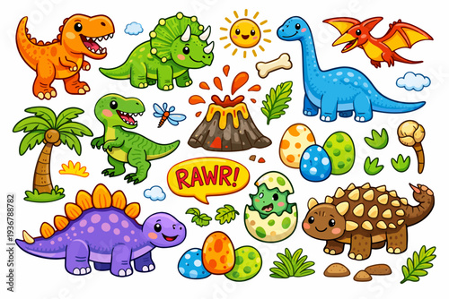 Cute cartoon dinosaurs and prehistoric elements collection for kids