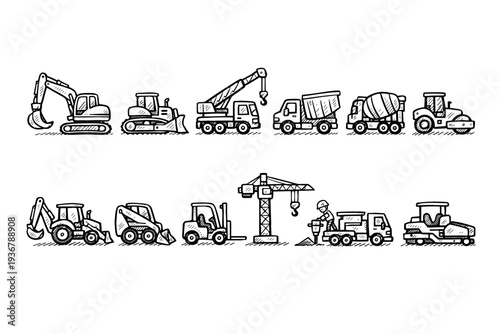Collection of hand-drawn construction vehicles and equipment in a simple doodle style