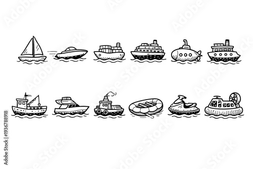Collection of hand-drawn watercraft icons, including sailboats, yachts, and submarines