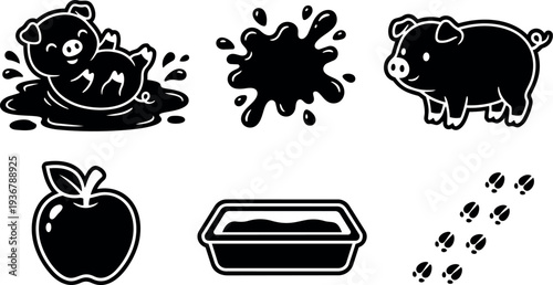 Minimalist silhouette piglet rolling and splashing in mud with standing pig apple trough and diagonal hoof prints close up vector
