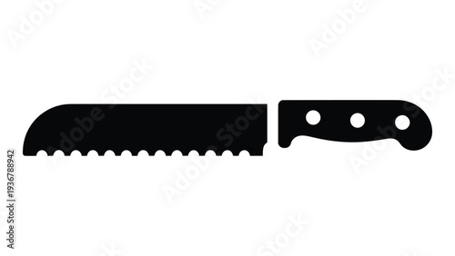 Black serrated bread knife isolated on white background for bakery slicing and food preparation