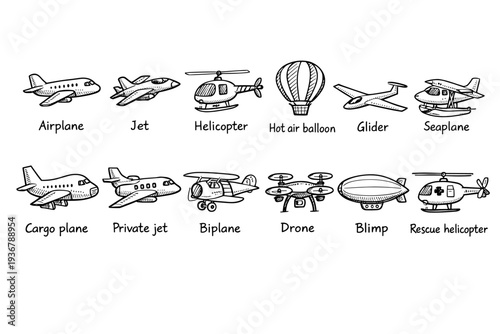 Collection of hand-drawn aircraft and air vehicles in a simple doodle style
