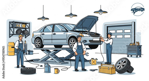 Automotive Repair Scene with Mechanics Working on Car.