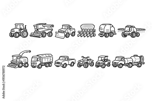 Collection of cartoon farm and construction vehicles in a simple line art style