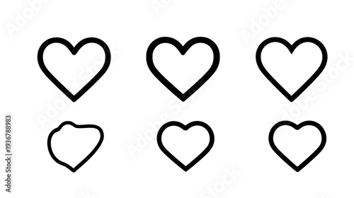 Minimalist black outline heart icons set. Love, like, and favorite symbols for web design, social media apps, and user interface elements.