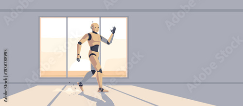 Robot walking and waving inside modern room with large window  