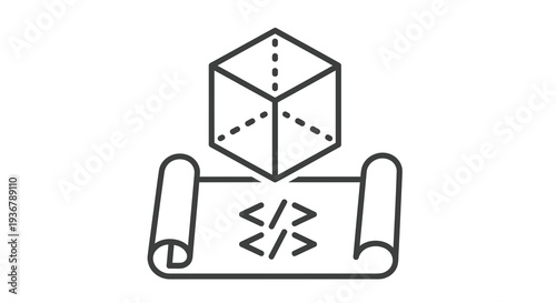 3D Cube Blueprint with Code Snippet on Scroll Vector Illustration for Software Development and Digital Design Concepts